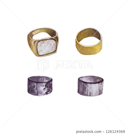 Watercolor illustrations of beautiful women's accessories. Hand-drawn set of isolated llustration rings on a white background. Stylish and realistic pictures of jewelry for textiles, printing and Watercolor illustrations of beautiful women's accessories. Hand-drawn set of isolated llustration rings on a white background. Stylish and realistic pictures of jewelry for textiles, printing and 126124369