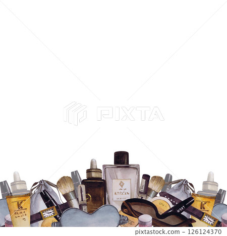 Watercolor border with beautiful women's accessories. Hand-drawn isolated llustration on a white background. Stylish and realistic pictures of jewelry, makeup items and cosmetics for textiles Watercolor border with beautiful women's accessories. Hand-drawn isolated llustration on a white background. Stylish and realistic pictures of jewelry, makeup items and cosmetics for textiles 126124370