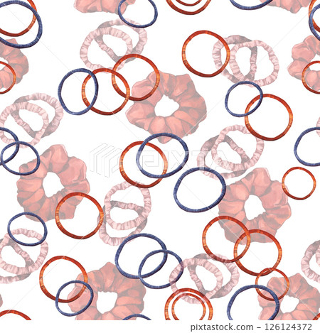 Watercolor illustrations of hairpins and hair items. Hand-drawn seamless pattern of isolated clip art on a white background. Bright and stylish pictures of realistic hairpins and hair care devices for 126124372