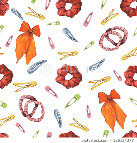 Watercolor illustrations of hairpins and hair items. Hand-drawn seamless pattern of isolated clip art on a white background. Bright and stylish pictures of realistic hairpins and hair care devices for 126124377