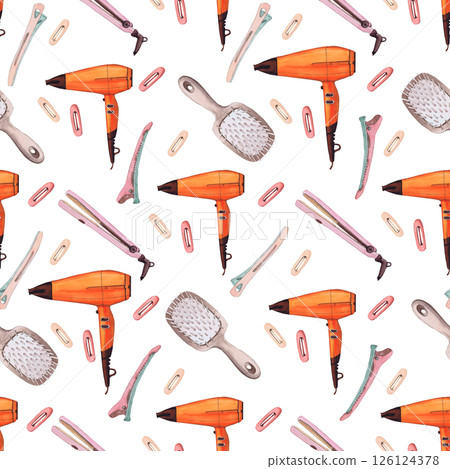 Watercolor illustrations of hairpins and hair items. Hand-drawn seamless pattern of isolated clip art on a white background. Bright and stylish pictures of realistic hairpins and hair care devices for 126124378