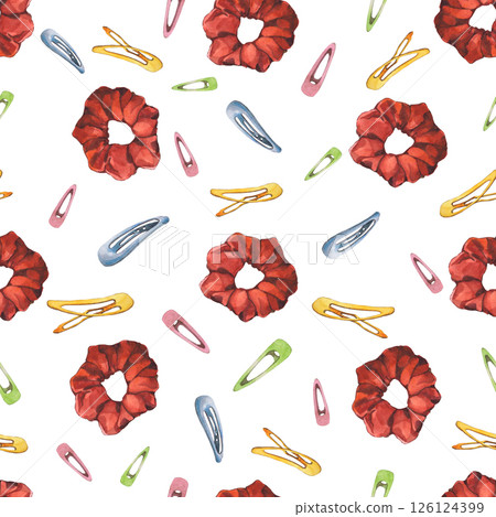 Watercolor illustrations of hairpins and hair items. Hand-drawn seamless pattern of isolated clip art on a white background. Bright and stylish pictures of realistic hairpins and hair care devices for 126124399
