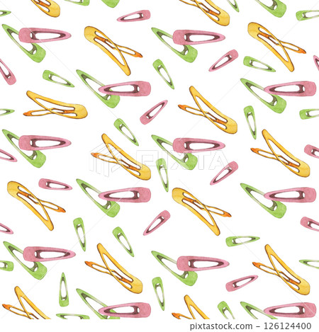 Watercolor illustrations of hairpins and hair items. Hand-drawn seamless pattern of isolated clip art on a white background. Bright and stylish pictures of realistic hairpins and hair care devices for 126124400