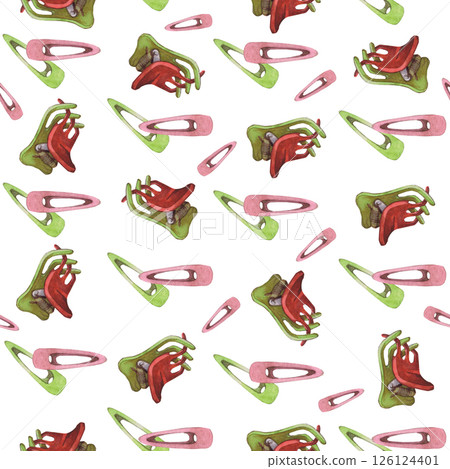 Watercolor illustrations of hairpins and hair items. Hand-drawn seamless pattern of isolated clip art on a white background. Bright and stylish pictures of realistic hairpins and hair care devices for Watercolor illustrations of hairpins and hair items. Hand-drawn seamless pattern of isolated clip art on a white background. Bright and stylish pictures of realistic hairpins and hair care devices for 126124401