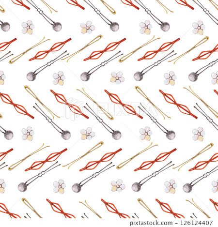 Watercolor illustrations of hairpins and hair items. Hand-drawn seamless pattern of isolated clip art on a white background. Bright and stylish pictures of realistic hairpins and hair care devices for 126124407