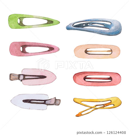 Watercolor illustrations of hairpins and hair items. Hand-drawn set of isolated clip art on a white background. Bright and stylish pictures of realistic hairpins and hair care devices for textiles 126124408