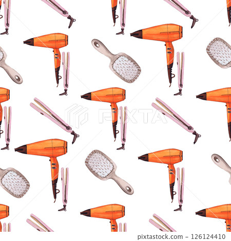 Watercolor illustrations of hairpins and hair items. Hand-drawn seamless pattern of isolated clip art on a white background. Bright and stylish pictures of realistic hairpins and hair care devices for 126124410