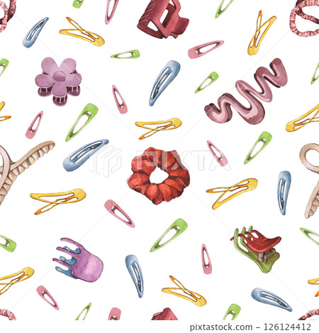 Watercolor illustrations of hairpins and hair items. Hand-drawn seamless pattern of isolated clip art on a white background. Bright and stylish pictures of realistic hairpins and hair care devices for 126124412
