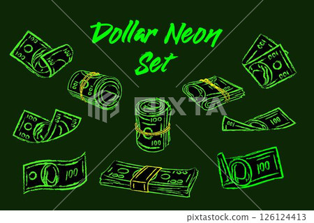 Set of 100 dollar bills. Outline neon icons 126124413