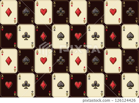 Seamless geometric pattern with ace cards in chessboard arrangement. Checkered grid pattern. Vintage style. Seamless geometric pattern with ace cards in chessboard arrangement. Checkered grid pattern. Vintage style. 126124426