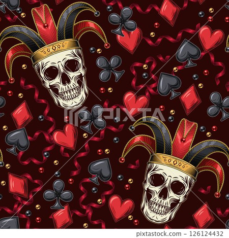 Seamless red pattern with Joker skull, scattered card suits icons, streamer ribbon. Concept of luck, win jackpot. Gambling, casino theme. 126124432