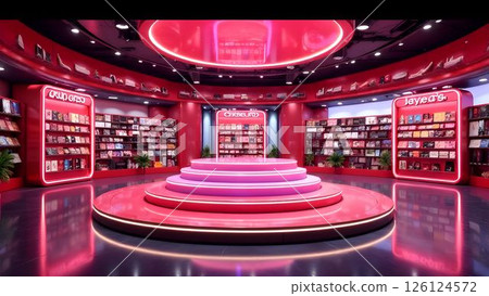 Modern bookstore interior featuring vibrant red decor and illuminated display areas 126124572