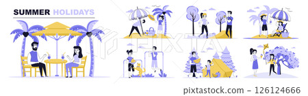 Summer holidays concept set in flat web design. Collection with people resting at beach cafe in tropical island, relax at camp, play games. Flat vector illustration isolated on white background. 126124666