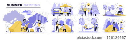 Summer camping concept set in flat web design. Collection with people resting at campground with tents, relax at picnic with children in forest. Flat vector illustration isolated on white background. 126124667