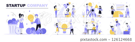 Startup company concept set in flat web design. Collection with people brainstorming, find best idea, investing in new project, launch rocket. Flat vector illustration isolated on white background. 126124668