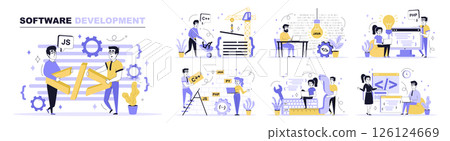 Software development concept set in flat web design. Collection with people programming and coding at computer languages, work with app scripts. Flat vector illustration isolated on white background. Software development concept set in flat web design. Collection with people programming and coding at computer languages, work with app scripts. Flat vector illustration isolated on white background. 126124669