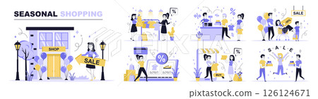 Seasonal shopping concept set in flat web design. Collection with people making purchases at sales, buying new clothing at shop, ordering online. Flat vector illustration isolated on white background. 126124671