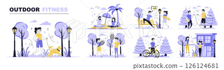 Outdoor fitness concept set in flat web design. Collection with people walking dog, running, doing yoga, playing tennis, cycling at city park. Flat vector illustration isolated on white background. 126124681