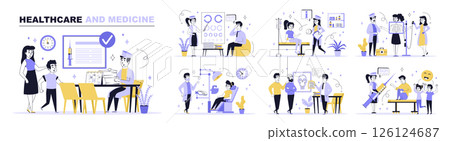 Healthcare and medicine concept set in flat web design. Collection with people visiting pediatrician, doctor and ophthalmologist, make x-ray. Flat vector illustration isolated on white background. 126124687