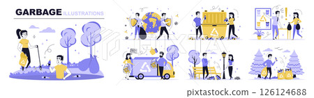 Garbage concept set in flat web design. Collection with people cleaning park, picking trash, sorting waste, recycling and helping planet nature. Flat vector illustration isolated on white background. 126124688