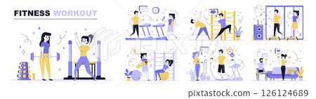Fitness workout concept set in flat web design. Collection with people bodybuilding, running at treadmill, make pilates training, jumping rope. Flat vector illustration isolated on white background. 126124689