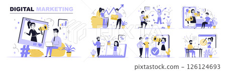 Digital marketing concept set in flat web design. Collection with people doing online advertisement, promoting business, audience communication. Flat vector illustration isolated on white background. Digital marketing concept set in flat web design. Collection with people doing online advertisement, promoting business, audience communication. Flat vector illustration isolated on white background. 126124693