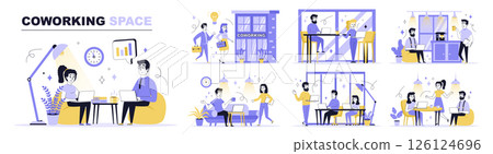 Coworking space concept set in flat web design. Collection with people work at laptop in open office, colleagues doing tasks at workspaces. Flat vector illustration isolated on white background. 126124696