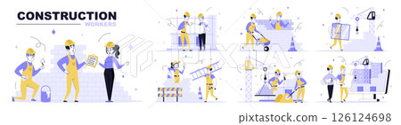 Construction workers concept set in flat web design. Collection with people in helmets and uniforms building, architect make project blueprint. Flat vector illustration isolated on white background. Construction workers concept set in flat web design. Collection with people in helmets and uniforms building, architect make project blueprint. Flat vector illustration isolated on white background. 126124698