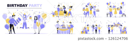 Birthday party concept set in flat web design. Collection with people celebrating with cake, give gifts, dancing, jumping, playing with pinata. Flat vector illustration isolated on white background. 126124706