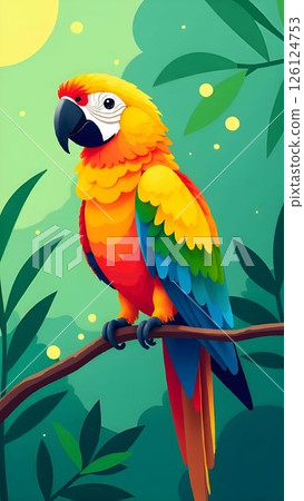 Colorful parrot perched on a branch in a vibrant tropical forest during daylight 126124753