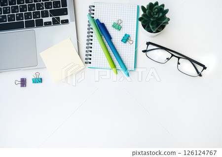 Flat lay home office workspace with laptop, diary, succulent plant and glasses on white background. 126124767