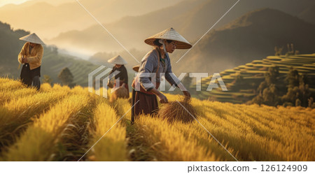 Asian women farmers harvesting rice in golden field among mountains Soft sunlight illuminating scene Asian women farmers harvesting rice in golden field among mountains Soft sunlight illuminating scene 126124909