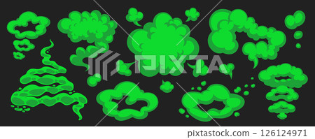 Cartoon green gas cloud and stink smoke vector in various puffy, smelly shapes on dark background. Stink cloud and gas smoke cartoon style. Perfect for comics, stickers, kids books Cartoon green gas cloud and stink smoke vector in various puffy, smelly shapes on dark background. Stink cloud and gas smoke cartoon style. Perfect for comics, stickers, kids books 126124971