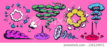 Comic explosion and smoke effect vector with colorful cartoon clouds, bursts, and motion trails. Comic smoke and comic cloud shapes. Great for comics, games, stickers, and playful design Comic explosion and smoke effect vector with colorful cartoon clouds, bursts, and motion trails. Comic smoke and comic cloud shapes. Great for comics, games, stickers, and playful design 126124972