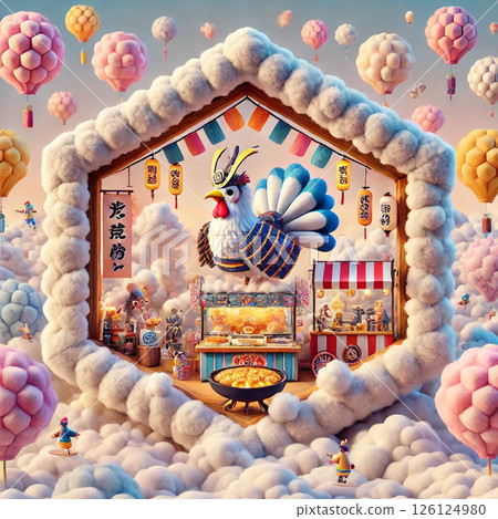 A chicken warrior who runs a food stall on top of cottony clouds 126124980