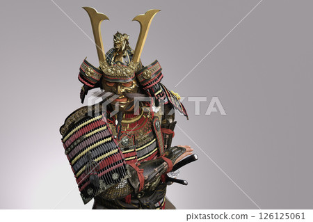 身穿傳統盔甲的武士即將拔出劍的 3D 插圖 身穿傳統盔甲的武士即將拔出劍的 3D 插圖 126125061