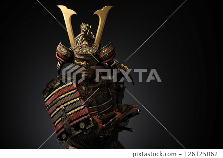 身穿傳統盔甲的武士在黑暗背景下即將拔劍的 3D 插圖 身穿傳統盔甲的武士在黑暗背景下即將拔劍的 3D 插圖 126125062