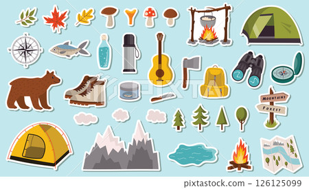 Cartoon stickers set for summer camping in flat style. Includes playful outdoor elements like tents, fires, backpacks, and trees. 126125099