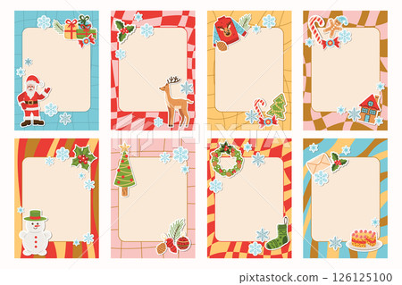 Set of groovy note frames decorated with Christmas stickers. Features playful elements like Santa, tree, wreath and gift designs. 126125100