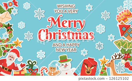 Christmas holiday greeting poster with cheerful congratulations, decorated with festive stickers and snowflakes. 126125102