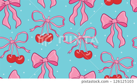 Seamless pattern with playful bows and cherries in coquette style. 126125103