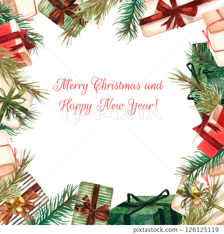 Watercolor hand painted square frame made of Christmas presents 126125119