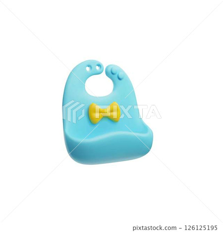 Baby blue bib decorated with yellow bow 3D vector illustration, silicone protective newborn clothes for eating Baby blue bib decorated with yellow bow 3D vector illustration, silicone protective newborn clothes for eating 126125195