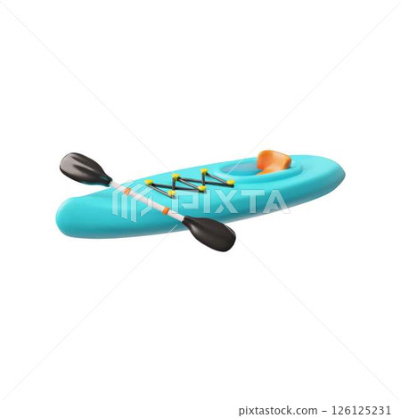 3d vector illustration of canoe, blue with paddle. Vessel for extreme recreation. 3d vector illustration of canoe, blue with paddle. Vessel for extreme recreation. 126125231