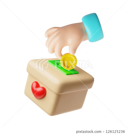 Hand puts golden coin into a piggy bank 3D cartoon vector illustration, donate box with heart, donation charity concept 126125236