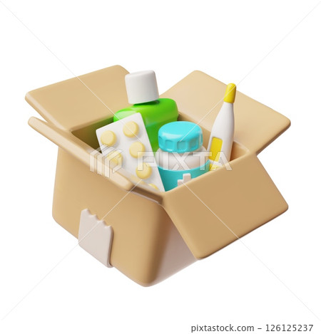 Cardboard box full of medicines, 3D cartoon vector pharmaceutical products, thermometer, first aid kit, donation concept 126125237