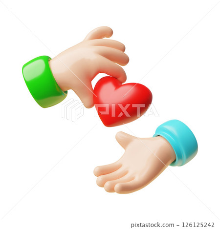 Donation and charity concept 3D cartoon vector illustration, render hands give and take heart, empathy and love share 126125242