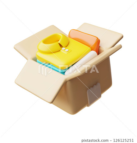 3D illustration of open cardboard box with clothes, donation. 3D illustration of open cardboard box with clothes, donation. 126125251