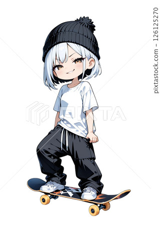 戴著針織帽的女孩一邊玩滑板一邊咧嘴笑 126125270