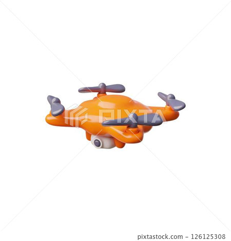 Drone 3D cartoon vector icon, realistic flying wireless orange quadcopter with remote controllers, unmanned aerial drone Drone 3D cartoon vector icon, realistic flying wireless orange quadcopter with remote controllers, unmanned aerial drone 126125308